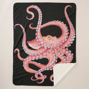Cobertor Sherpa Octopus Watercolor Vermelho A Preto