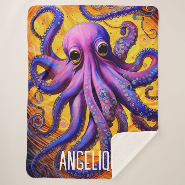 Cobertor Sherpa Octopus Whimsical Roxo com Nome Personalizado (Frente)