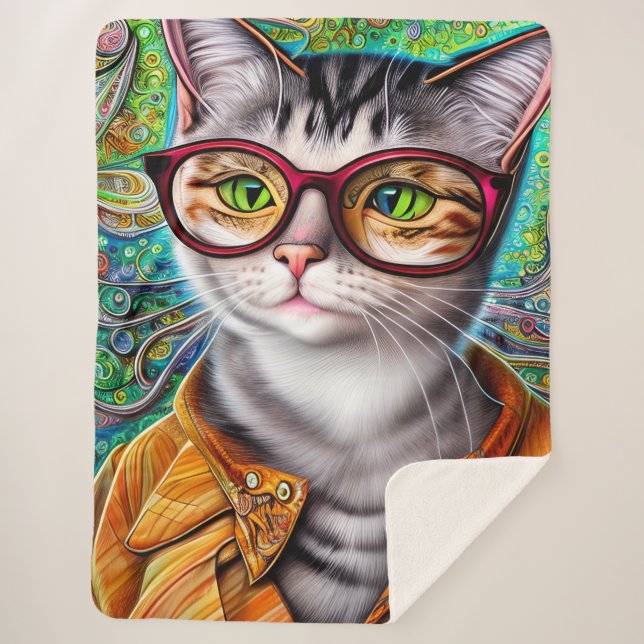Cobertor Sherpa Óculos de Visto de Gatos Retrorfos Funky Trabalho  (Frente)