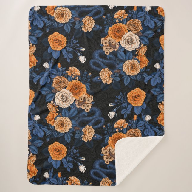 Cobertor Sherpa Oculto nas rosas, laranja e azul (Frente)