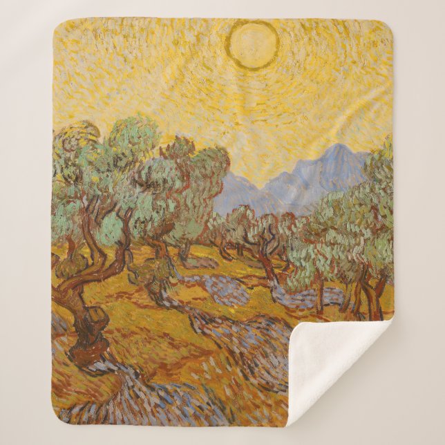 Cobertor Sherpa Oliveiras de Van Gogh Sol Amarelo Céu (Frente)