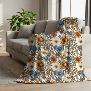 Cobertor Sherpa Opulento Azul Marfim Floral Boho Azul Pó Cozy