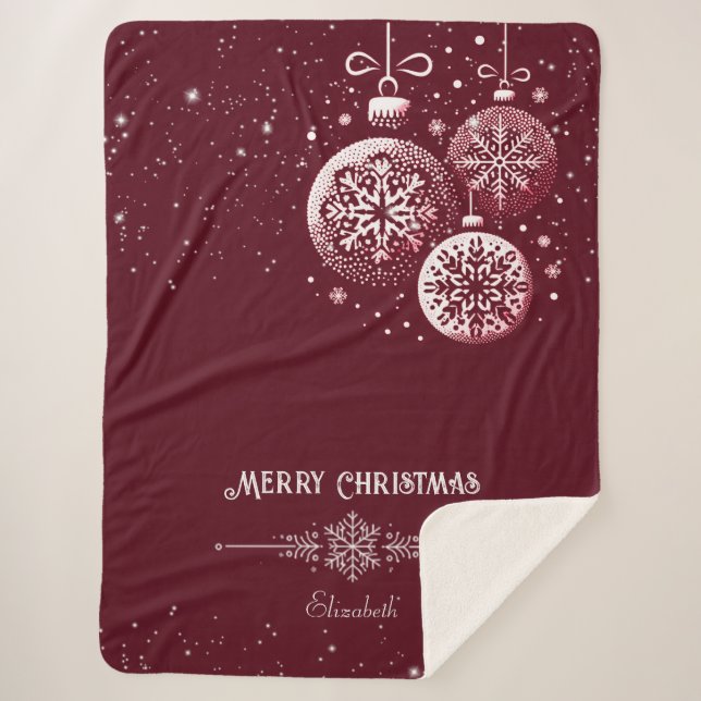 Cobertor Sherpa Ornações Felizes de Flocos de Neve de Natal (Frente)