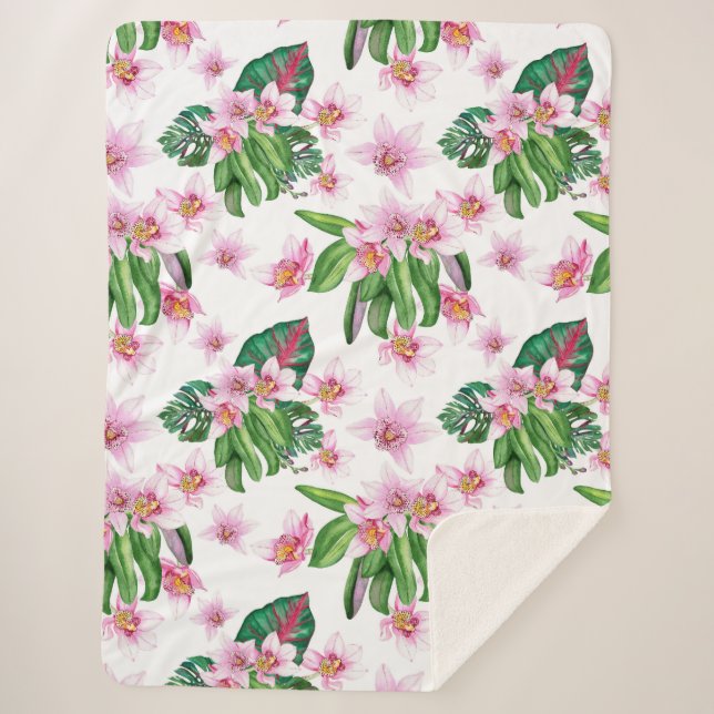 Cobertor Sherpa Orquídeas Aquarelas Design 30 (Frente)