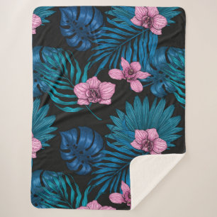 Cobertor Sherpa Orquídeas e palmeiras, cor-de-rosa e azul sobre pr