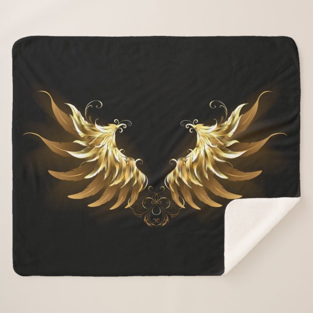 Cobertor Sherpa Ouro Angel Wings sobre fundo preto (Frente (Horizontal))
