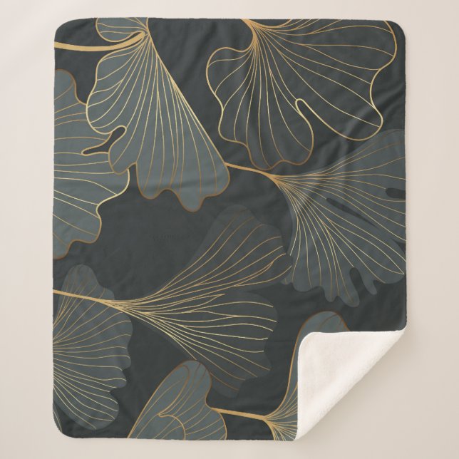 Cobertor Sherpa Ouro Ginkgo: Deco Floral Luxurioso. (Frente)