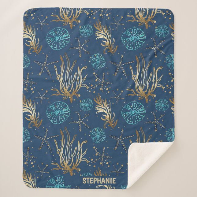 Cobertor Sherpa Ouro Starfish e Coral Reef Patterno em Azul (Frente)
