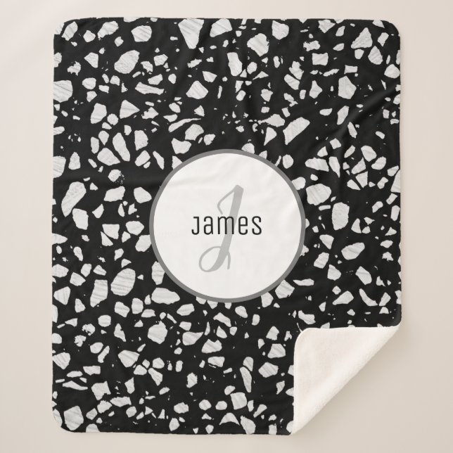 Cobertor Sherpa Padrão Abstrato Terrazzo preto e branco personaliz (Frente)