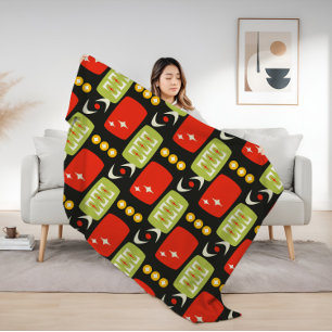 Cobertor Sherpa Padrão Atômico Preto Vermelho Verde Retro Meados d