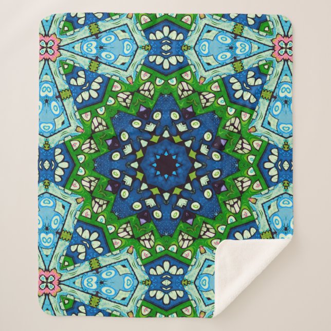 Cobertor Sherpa Padrão Azul Verde-Mosaico Mandala Retro (Frente)