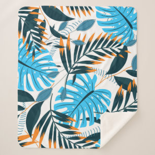 Cobertor Sherpa Padrão Branco Brilhante de Folhas Tropicais
