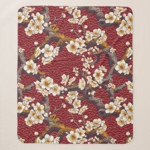 Cobertor Sherpa Padrão de ameixa japonesa em coral, creme e burgun