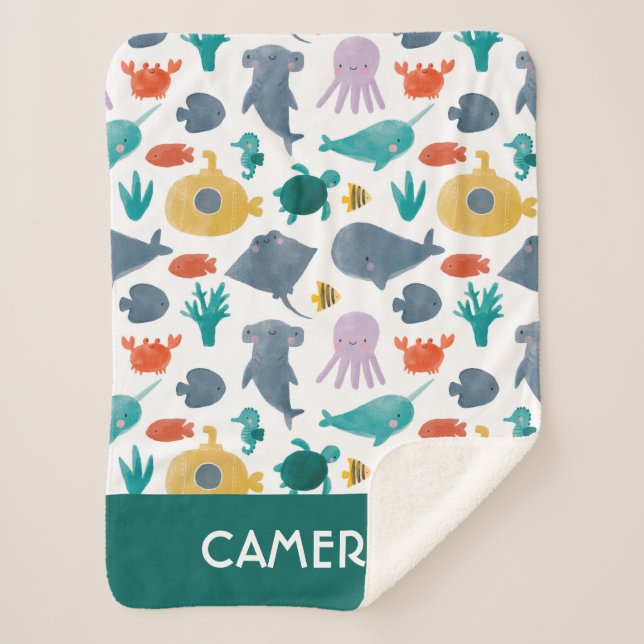Cobertor Sherpa Padrão de Animais do Oceano Cáutico (Frente)