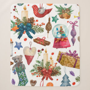 Cobertor Sherpa Padrão de Aquarela com ornamento de Natais vintag