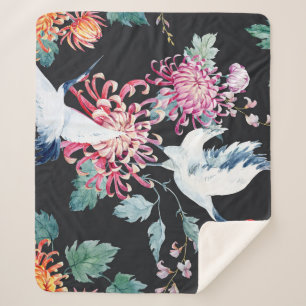 Cobertor Sherpa Padrão de Aquarela de Crane Vermelha Chrysanthemum