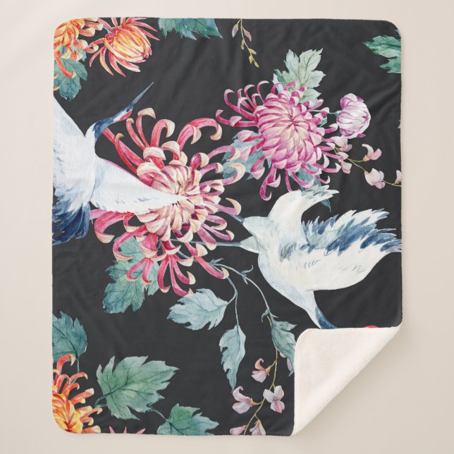 Cobertor Sherpa Padrão de Aquarela de Crane Vermelha Chrysanthemum (Frente)