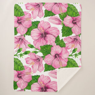 Cobertor Sherpa Padrão de aquarela de hibisco rosa