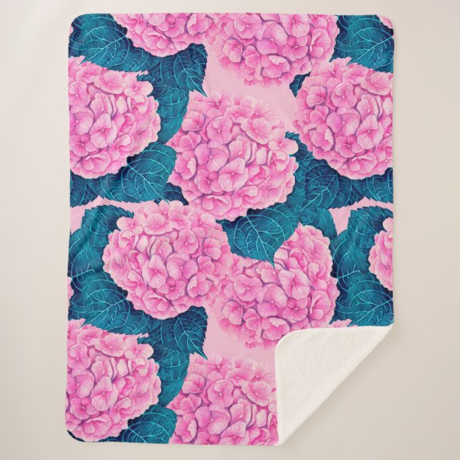 Cobertor Sherpa Padrão de aquarelas Hydrangea, rosa e azul (Frente)