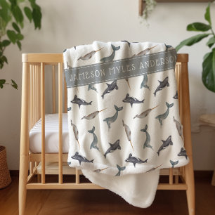 Cobertor Sherpa Padrão de Baleias Árticas em Aquarela   Monograma