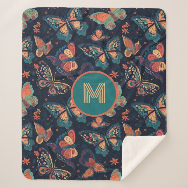 Cobertor Sherpa Padrão de Borboleta Monograma Personalizado (Frente)