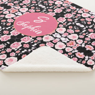 Cobertor Sherpa padrão de colheita de flores rosa Monograma pers