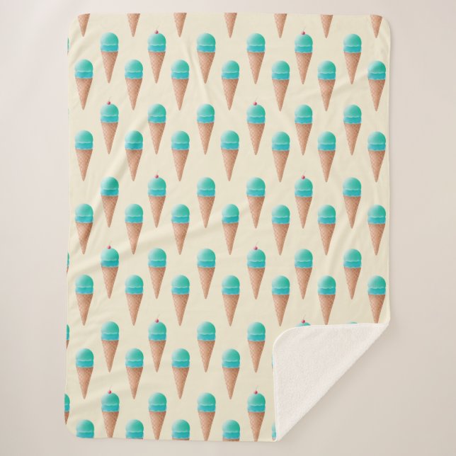 Cobertor Sherpa Padrão de Cone Sorvete Azul, Amarelo Claro (Frente)
