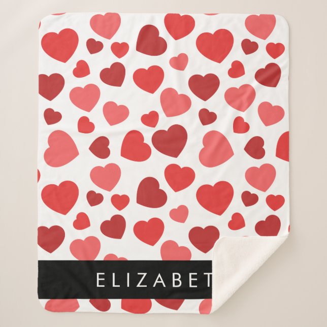 Cobertor Sherpa Padrão De Corações, Corações Vermelhos, Seu Nome (Frente)