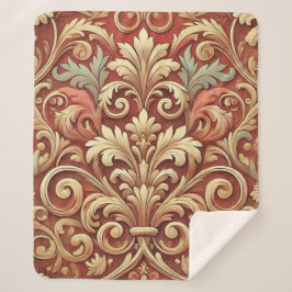 Cobertor Sherpa Padrão de Damasco Vermelho e Dourado Vintage