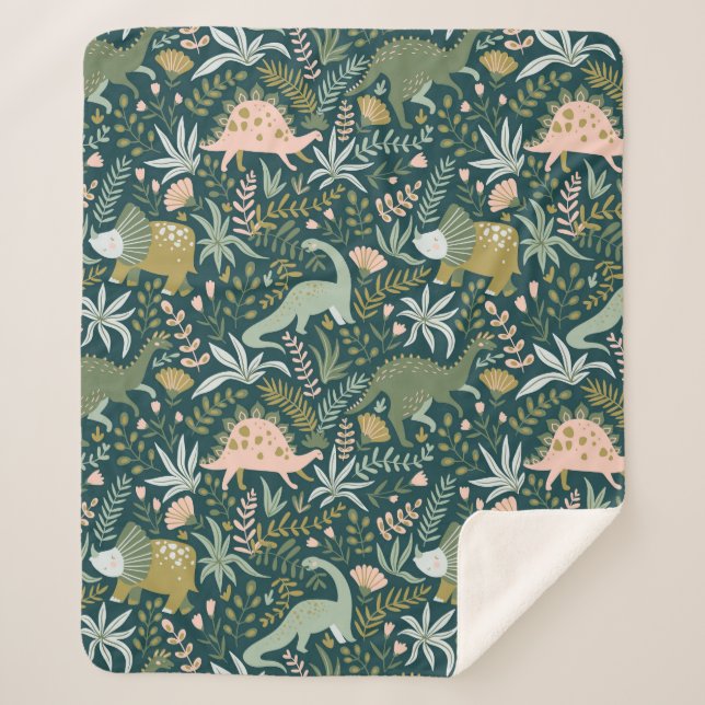 Cobertor Sherpa Padrão de Dinossauro Verde (Frente)