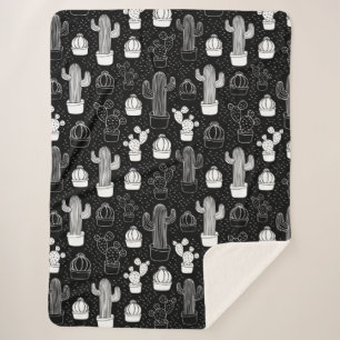 Cobertor Sherpa Padrão de Doodle do Cactus Preto e Branco