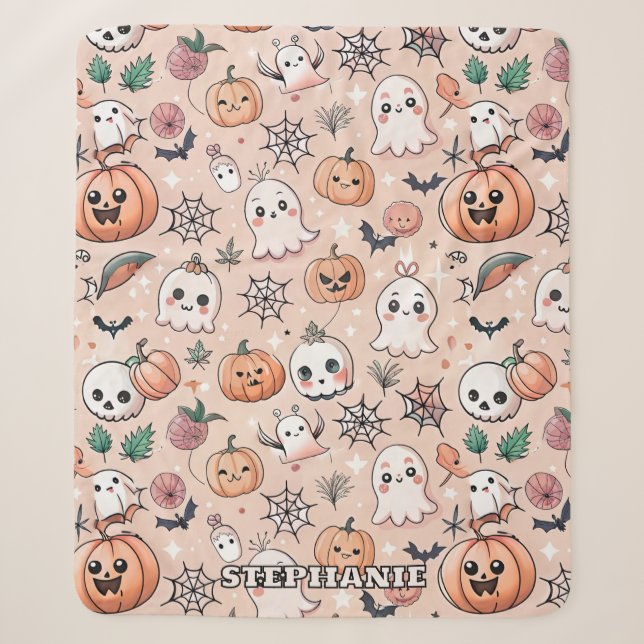 Cobertor Sherpa Padrão de Doodle do Halloween com Fantasmas e Pump (Frente)