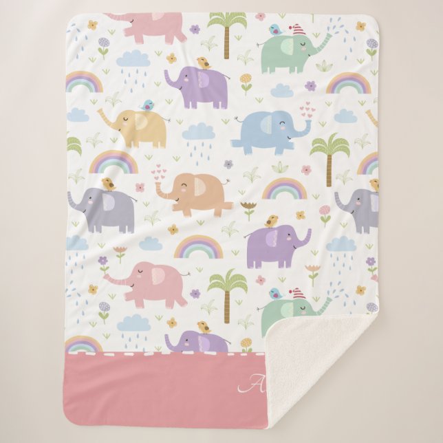 Cobertor Sherpa Padrão de Elefante de Pastel Rosa para Menininha (Frente)