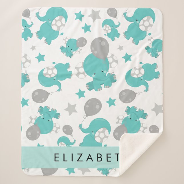 Cobertor Sherpa Padrão De Elefantes Azuis, Estrelas, Seu Nome (Frente)
