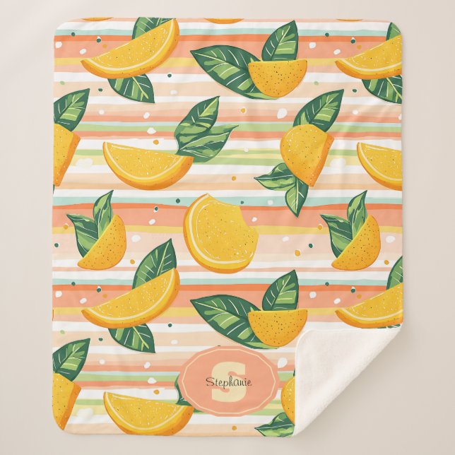 Cobertor Sherpa Padrão de Fatia Laranja com Folhas Verdes no Paste (Frente)