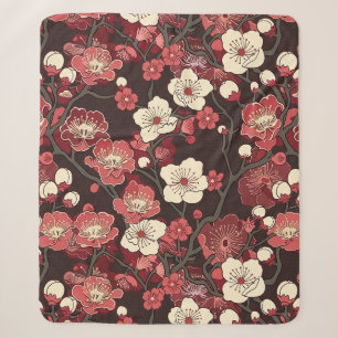Cobertor Sherpa Padrão de Flor de Sakura Burgundy Escuro Coral