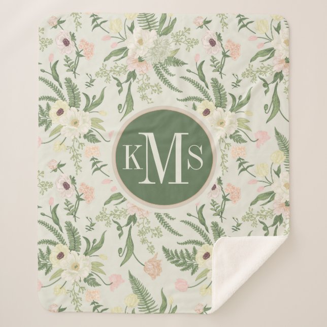 Cobertor Sherpa Padrão de Flor Verde do Jardim de Casa Molhada (Frente)