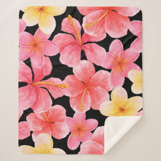 Cobertor Sherpa Padrão de Flores de Hibiscus Plumeria Watercolor