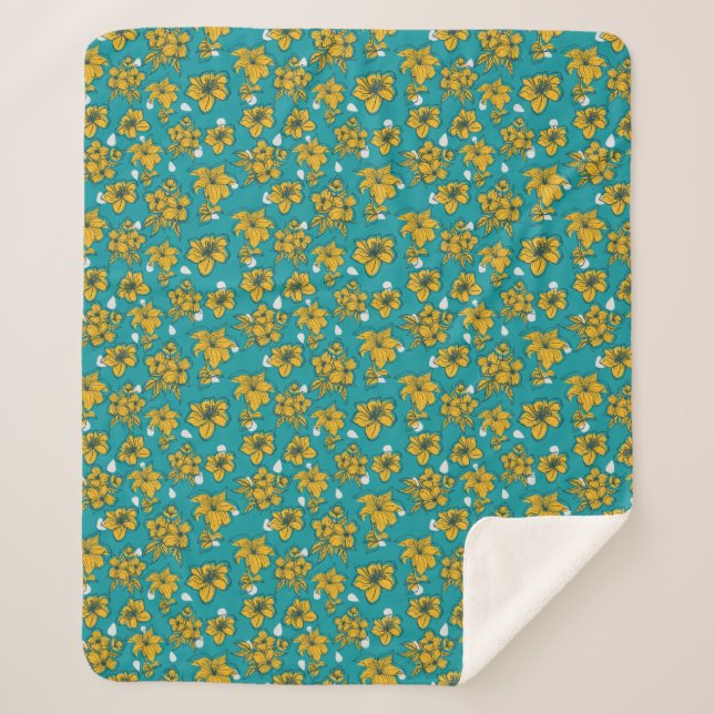Cobertor Sherpa Padrão de Flores de Teal Amarelo (Frente)