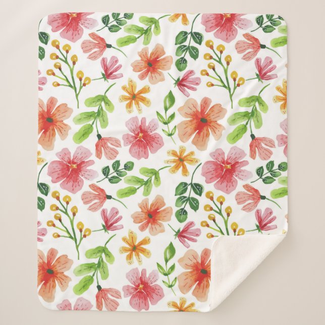 Cobertor Sherpa Padrão de Flores Rosa em Aquarela (Frente)