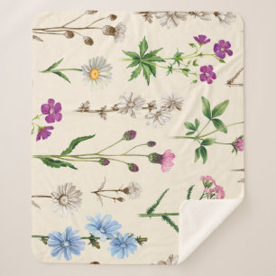Cobertor Sherpa Padrão de flores silvestres de aquarela.