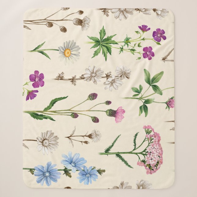 Cobertor Sherpa Padrão de flores silvestres de aquarela. (Frente)
