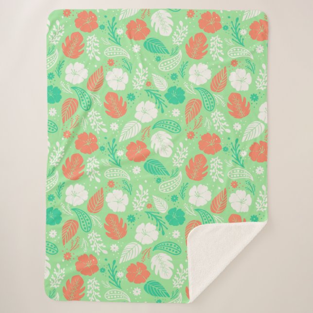 Cobertor Sherpa Padrão de Folhagem Tropical Verde e Laranja (Frente)