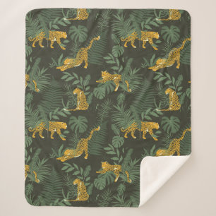 Cobertor Sherpa Padrão de Folhas de Monstera Verde da Selva Jaguar