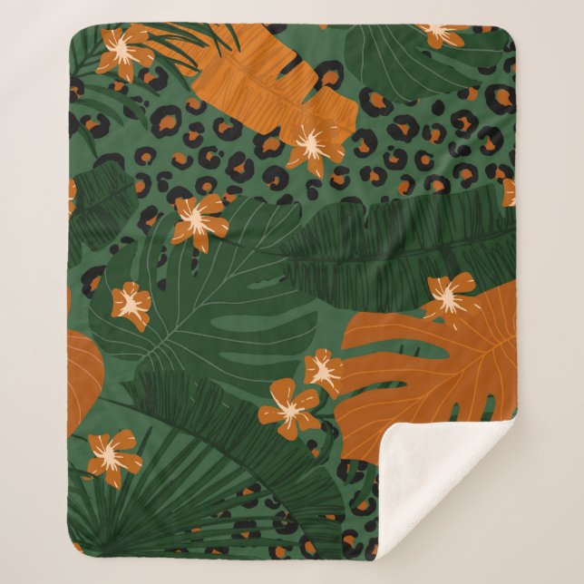 Cobertor Sherpa Padrão de Folhas Tropicais do Leopardo Exótico (Frente)