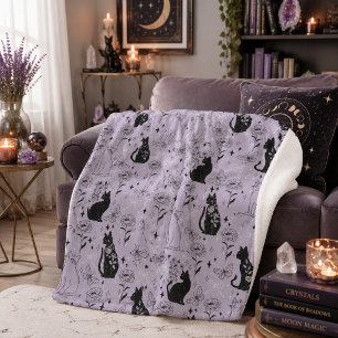 Cobertor Sherpa Padrão de Gato Preto Místico e Borboleta Witchy