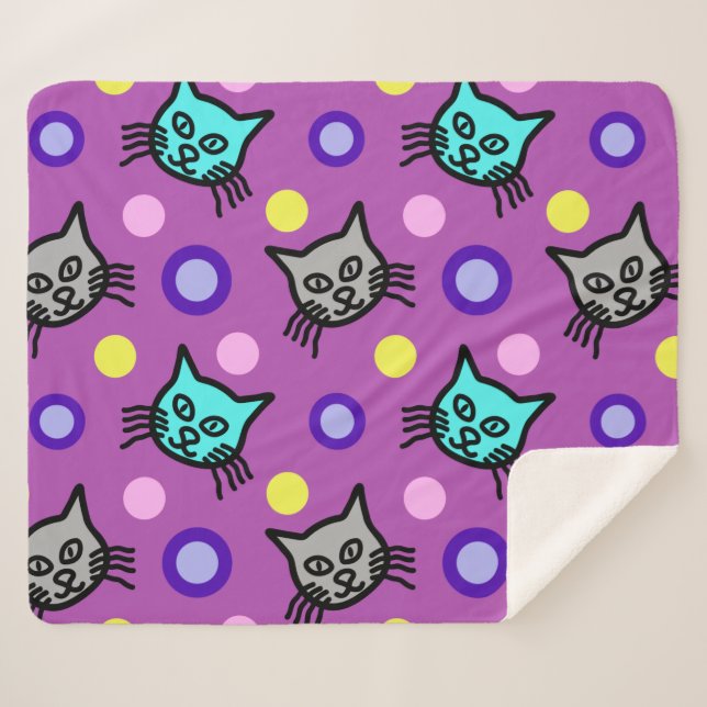 Cobertor Sherpa Padrão de gatos bonitos em meio violeta Sherpa Bla (Frente (Horizontal))