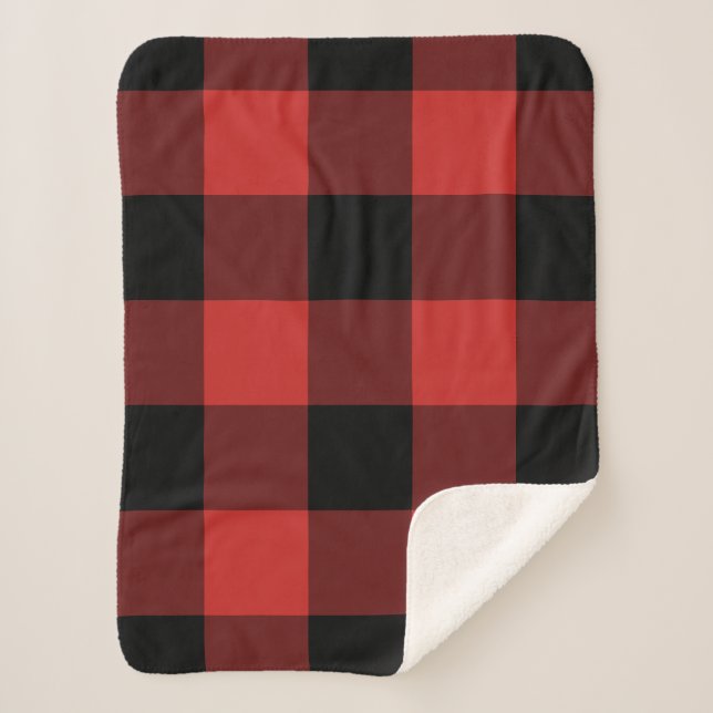Cobertor Sherpa Padrão de Gingham Preto e Vermelho (Frente)