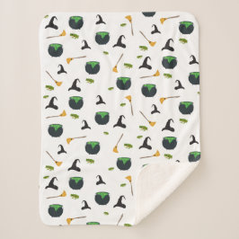 Cobertor Sherpa Padrão de Halloween da Bruxa Broom Caldron