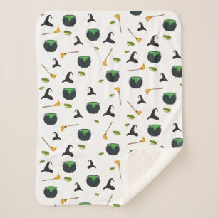 Cobertor Sherpa Padrão de Halloween da Bruxa Broom Caldron